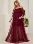 Sheer Off-Shoulder Double Skirt Maxi Maternity Dress – Burgundy