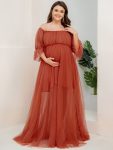 Plus Size Off-Shoulder Tulle Double Skirt Maxi Maternity Dress - Burnt Orange