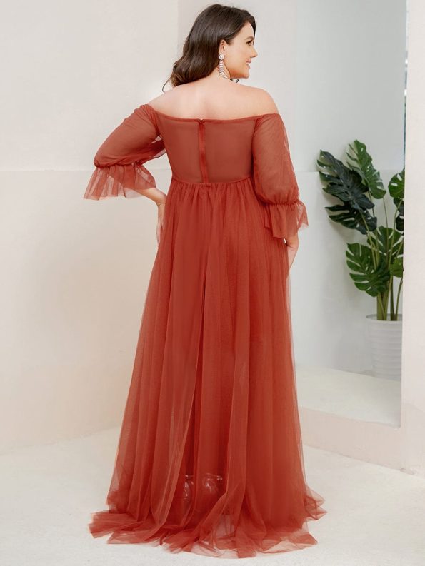 Plus Size Off-Shoulder Tulle Double Skirt Maxi Maternity Dress - Burnt Orange