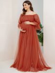 Plus Size Off-Shoulder Tulle Double Skirt Maxi Maternity Dress – Burnt Orange