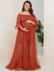 Plus Size Off-Shoulder Tulle Double Skirt Maxi Maternity Dress – Burnt Orange