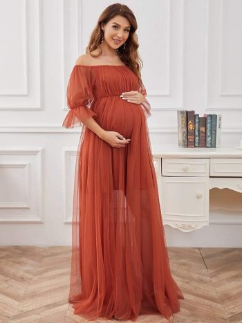 Sheer Off-Shoulder Double Skirt Maxi Maternity Dress - Burnt Orange