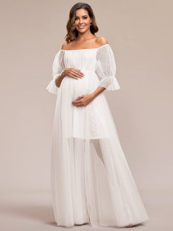 Sheer Off-Shoulder Double Skirt Maxi Maternity Dress - Cream