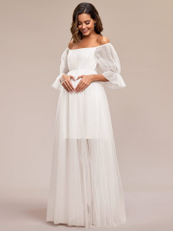 Sheer Off-Shoulder Double Skirt Maxi Maternity Dress - Cream