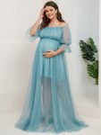 Plus Size Off-Shoulder Tulle Double Skirt Maxi Maternity Dress – Dusty Blue