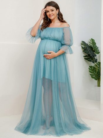 Plus Size Off-Shoulder Tulle Double Skirt Maxi Maternity Dress - Dusty Blue