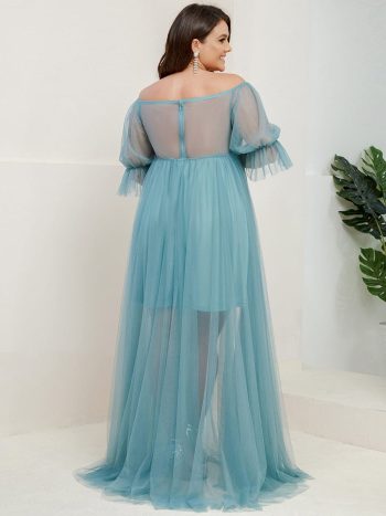 Plus Size Off-Shoulder Tulle Double Skirt Maxi Maternity Dress - Dusty Blue