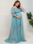 Plus Size Off-Shoulder Tulle Double Skirt Maxi Maternity Dress – Dusty Blue