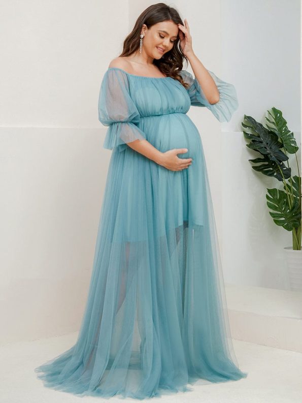 Plus Size Off-Shoulder Tulle Double Skirt Maxi Maternity Dress - Dusty Blue