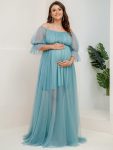 Plus Size Off-Shoulder Tulle Double Skirt Maxi Maternity Dress – Dusty Blue