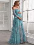 Sheer Off-Shoulder Double Skirt Maxi Maternity Dress – Dusty Blue