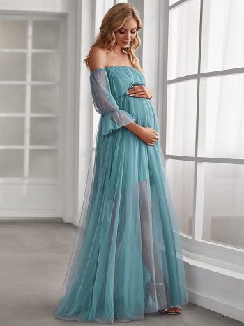 Sheer Off-Shoulder Double Skirt Maxi Maternity Dress - Dusty Blue