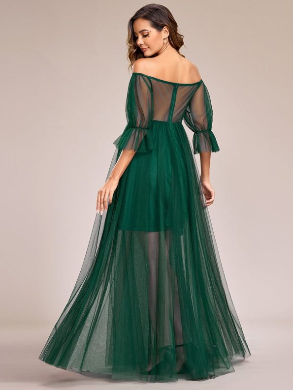 Sheer Off-Shoulder Double Skirt Maxi Maternity Dress - Dark Green