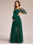 Sheer Off-Shoulder Double Skirt Maxi Maternity Dress – Dark Green