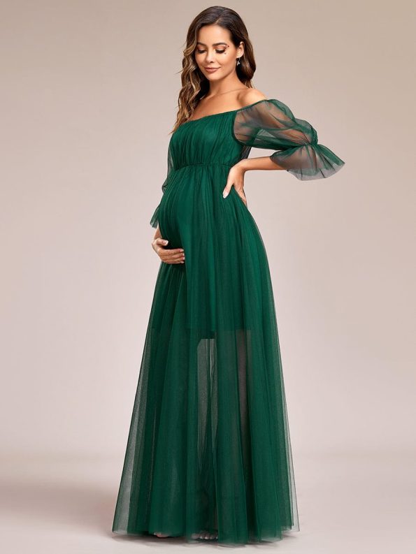 Sheer Off-Shoulder Double Skirt Maxi Maternity Dress - Dark Green