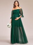 Sheer Off-Shoulder Double Skirt Maxi Maternity Dress – Dark Green