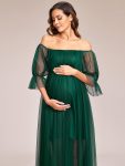 Sheer Off-Shoulder Double Skirt Maxi Maternity Dress – Dark Green