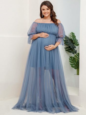 Plus Size Off-Shoulder Tulle Double Skirt Maxi Maternity Dress - Dusty Navy
