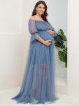 Plus Size Off-Shoulder Tulle Double Skirt Maxi Maternity Dress – Dusty Navy