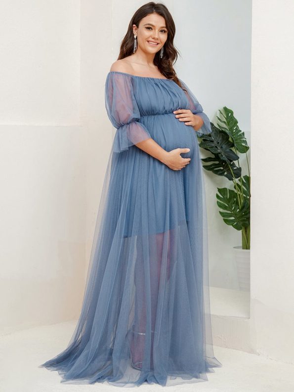 Plus Size Off-Shoulder Tulle Double Skirt Maxi Maternity Dress - Dusty Navy