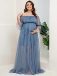 Plus Size Off-Shoulder Tulle Double Skirt Maxi Maternity Dress – Dusty Navy