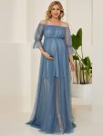 Sheer Off-Shoulder Double Skirt Maxi Maternity Dress – Dusty Navy