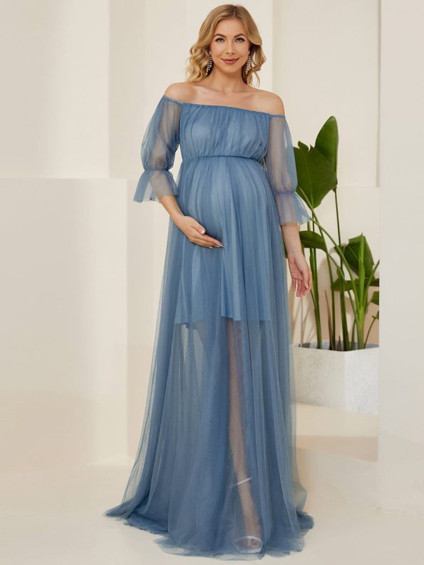 Sheer Off-Shoulder Double Skirt Maxi Maternity Dress - Dusty Navy