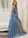 Sheer Off-Shoulder Double Skirt Maxi Maternity Dress – Dusty Navy