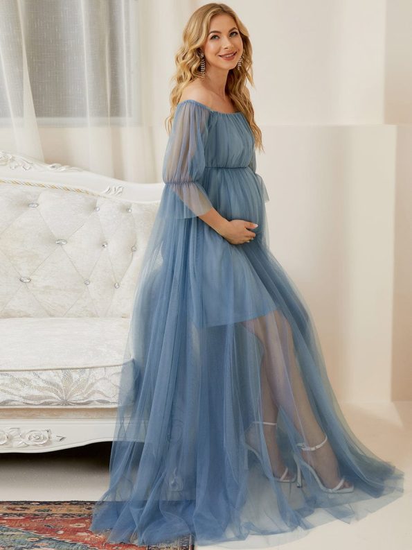 Sheer Off-Shoulder Double Skirt Maxi Maternity Dress - Dusty Navy