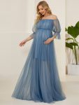 Sheer Off-Shoulder Double Skirt Maxi Maternity Dress – Dusty Navy