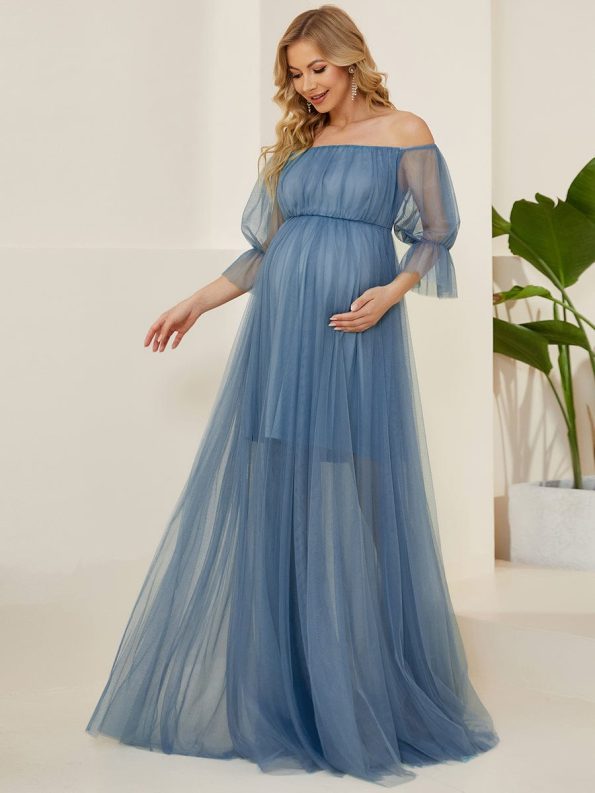 Sheer Off-Shoulder Double Skirt Maxi Maternity Dress - Dusty Navy