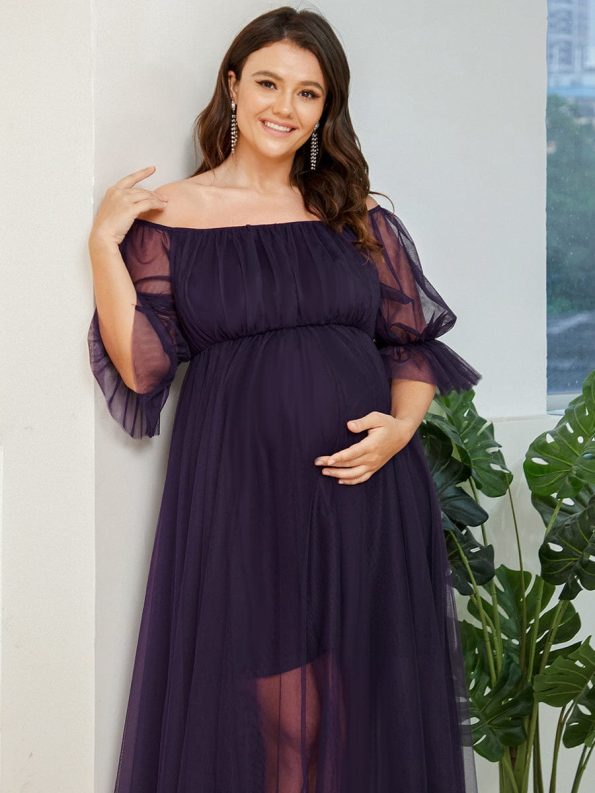 Plus Size Off-Shoulder Tulle Double Skirt Maxi Maternity Dress - Dark Purple