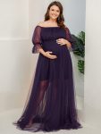 Plus Size Off-Shoulder Tulle Double Skirt Maxi Maternity Dress - Dark Purple