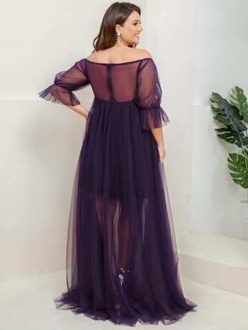 Plus Size Off-Shoulder Tulle Double Skirt Maxi Maternity Dress - Dark Purple