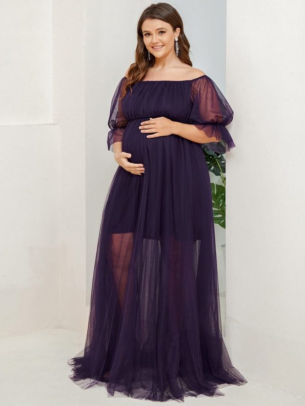 Plus Size Off-Shoulder Tulle Double Skirt Maxi Maternity Dress - Dark Purple