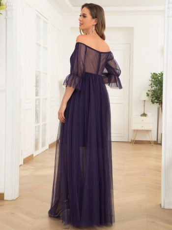Sheer Off-Shoulder Double Skirt Maxi Maternity Dress - Dark Purple