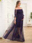 Sheer Off-Shoulder Double Skirt Maxi Maternity Dress – Dark Purple