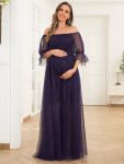 Sheer Off-Shoulder Double Skirt Maxi Maternity Dress – Dark Purple