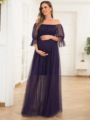 Sheer Off-Shoulder Double Skirt Maxi Maternity Dress - Dark Purple