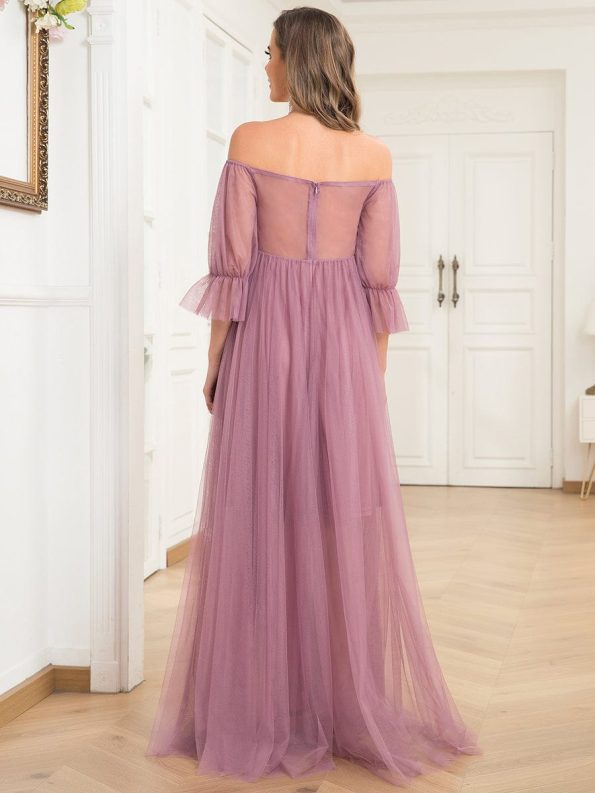 Sheer Off-Shoulder Double Skirt Maxi Maternity Dress - Purple Orchid