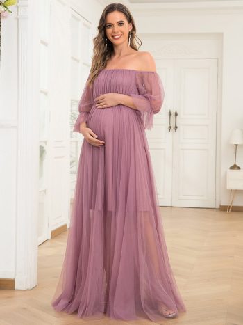 Sheer Off-Shoulder Double Skirt Maxi Maternity Dress - Purple Orchid