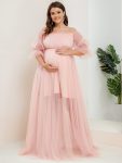 Plus Size Off-Shoulder Tulle Double Skirt Maxi Maternity Dress – Pink