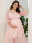 Plus Size Off-Shoulder Tulle Double Skirt Maxi Maternity Dress – Pink