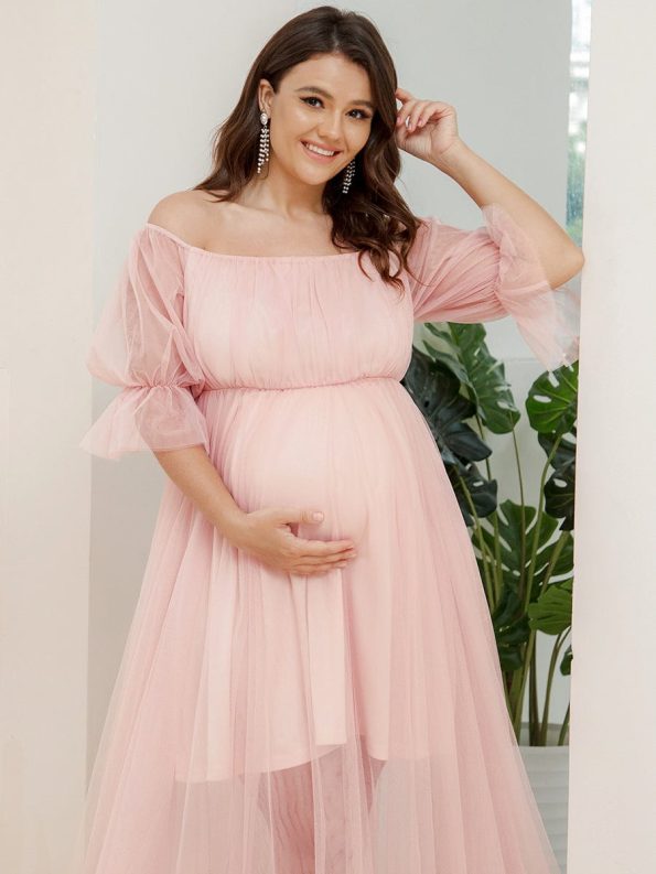 Plus Size Off-Shoulder Tulle Double Skirt Maxi Maternity Dress - Pink