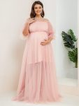 Plus Size Off-Shoulder Tulle Double Skirt Maxi Maternity Dress – Pink