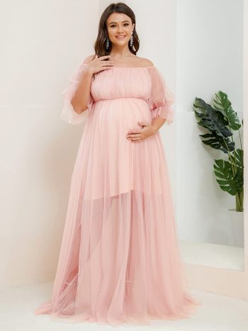 Plus Size Off-Shoulder Tulle Double Skirt Maxi Maternity Dress - Pink