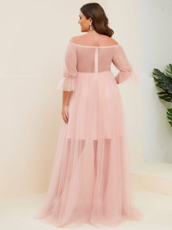 Plus Size Off-Shoulder Tulle Double Skirt Maxi Maternity Dress - Pink