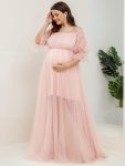 Plus Size Off-Shoulder Tulle Double Skirt Maxi Maternity Dress – Pink