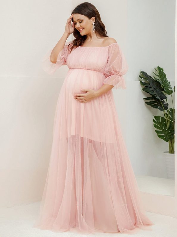 Plus Size Off-Shoulder Tulle Double Skirt Maxi Maternity Dress - Pink