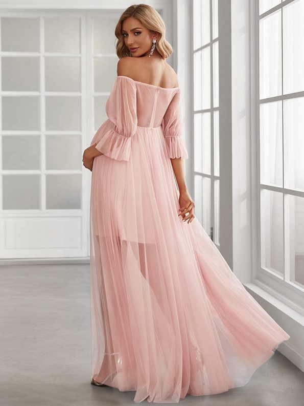 Sheer Off-Shoulder Double Skirt Maxi Maternity Dress - Pink